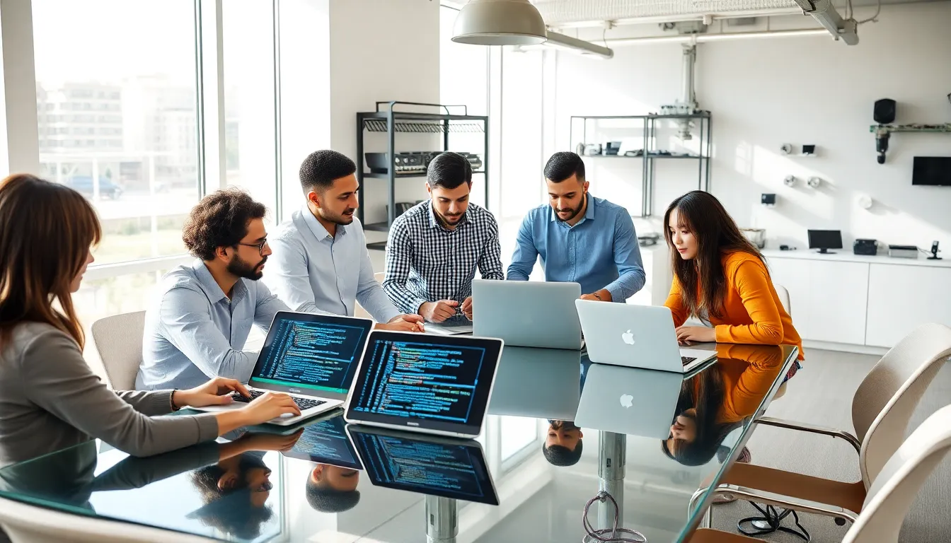 diverse engineers collaborating on embedded software in a modern office.