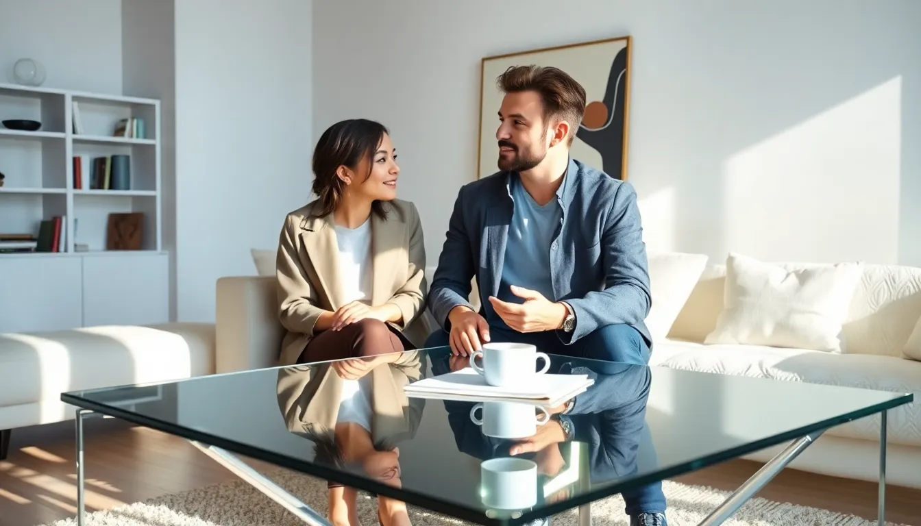 couple discussing relationship dynamics in a modern living room.