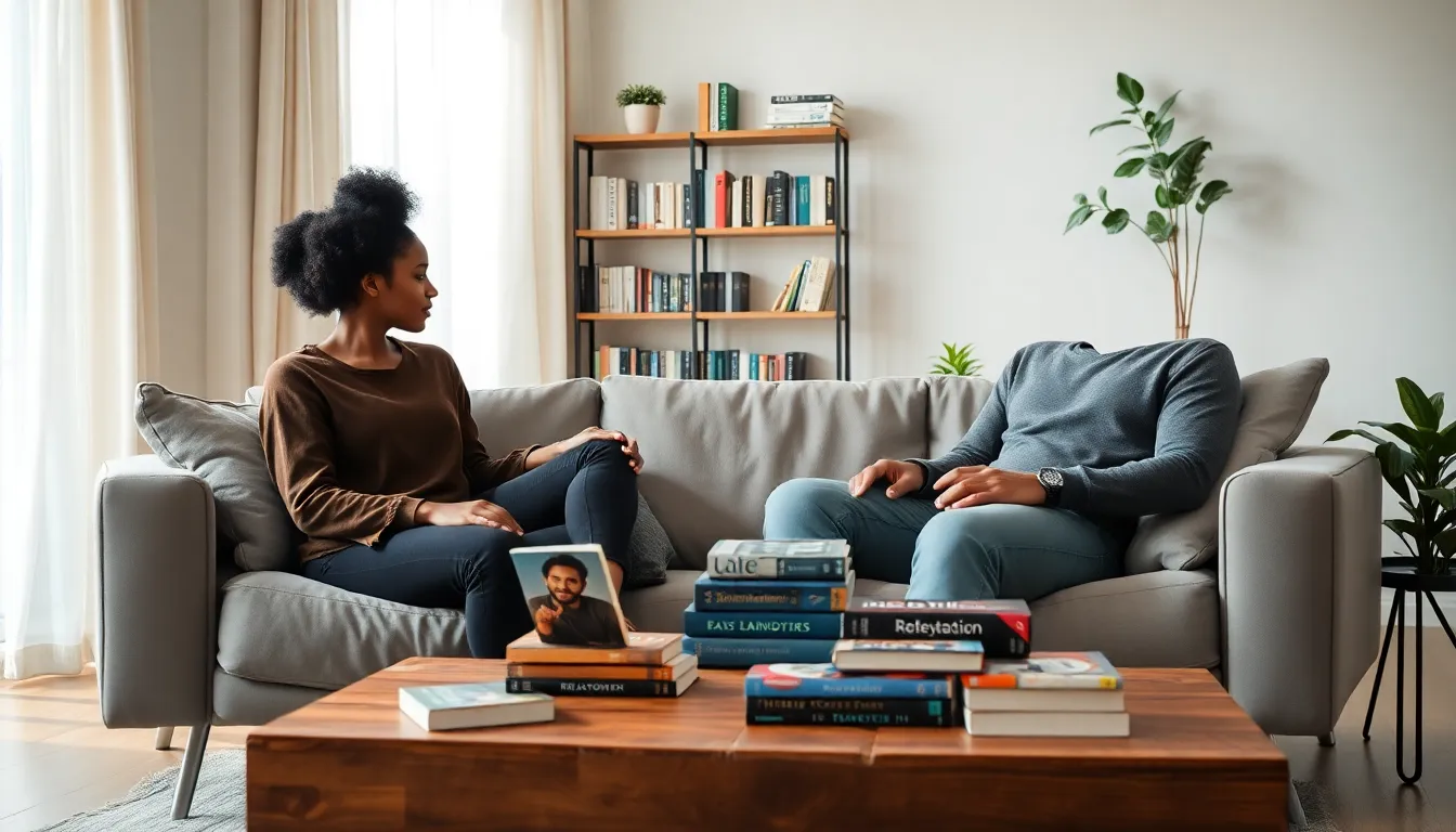 diverse couple discussing relationship advice books in a cozy living room.