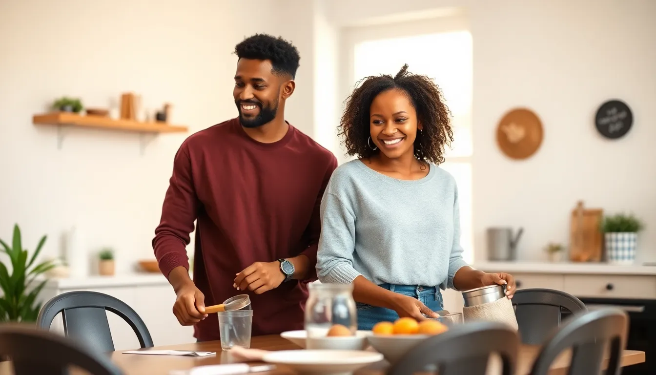 couple working together in a warm home environment.