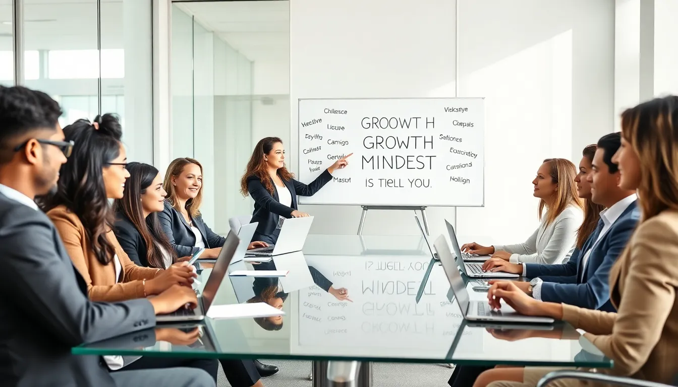 diverse team collaborating on growth mindset concepts in a modern office.