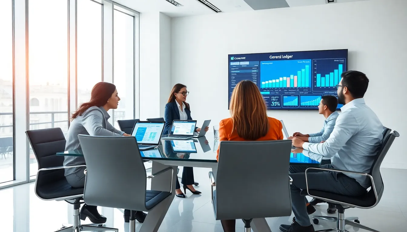 diverse team discussing general ledger accounting software in a modern office.