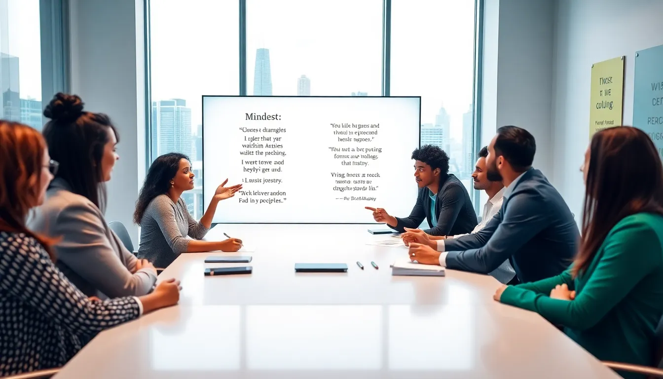 diverse team brainstorming with mindset quotes in a modern office.