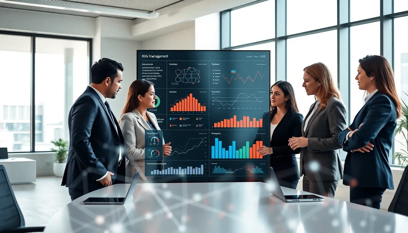 diverse professionals collaborating on insurance risk management software in a modern office.