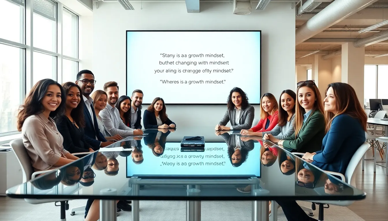 diverse professionals discussing mindset in a modern office.