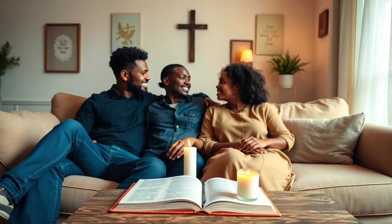 couple in a cozy living room discussing their faith and relationship.